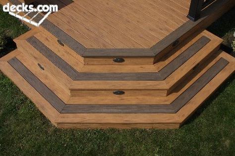 deck stairs Hexagon Stairs, Octagon Deck, Deck With Angled Stairs, Octagon Deck Steps, Round Deck Stairs, Corner Stairs On Deck, Deck With Corner Steps, Corner Deck, Stair Plan