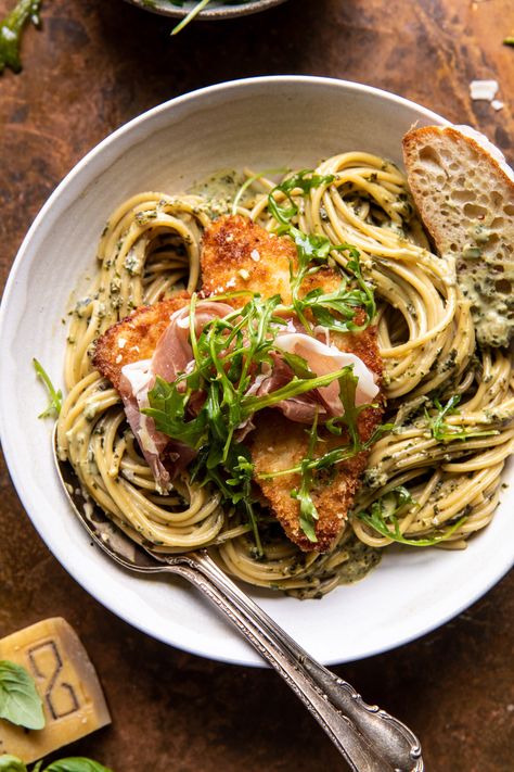 Basil Parmesan Pasta, Pasta With Crispy Chicken, Crispy Chicken Pasta, Chicken Prosciutto, Harvest Basil, Creamy Parmesan Chicken, Prosciutto Pasta, Half Baked Harvest Recipes, Chicken Parmesan Pasta