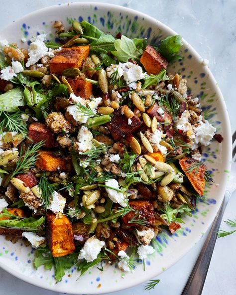 Potatoes Goat Cheese, Toasted Pepitas, Classic Caesar Salad, Farro Salad, Grain Salad, Crispy Chickpeas, Brussel Sprout Salad, Salad With Sweet Potato, Golden Raisins