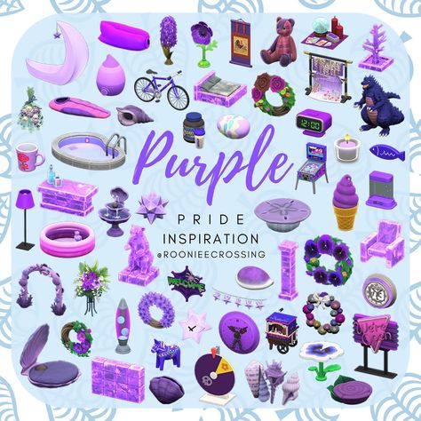 3,424 Likes, 27 Comments - Teary-eyed klutz (@roonieecrossing) on Instagram: “Show your pride! 🌈 ◌ Concluding this fun rainbow challenge by @pokepixie, we have purple! What are…” Rainbow Island, Purple Items, Purple Furniture, Purple Theme, Animal Crossing Guide, Purple Animals, Animal Crossing Qr Codes Clothes, Animal Crossing Wild World, Island Theme