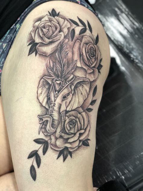 Elephant And Roses Tattoo, Elephant Rose Tattoo, Elephant And Rose Tattoo, Rose Thigh Tattoo, Rose Tattoo Thigh, Elephant Tattoo Design, Roses Tattoo, Elephant Tattoo, Grey Elephant