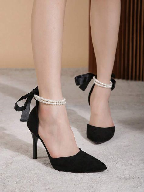 Pearl Decor, Fashion Black, Suede Pumps, Black Pumps, Faux Suede, Faux Pearl, Black Fashion, Ankle Strap, Stiletto Heels