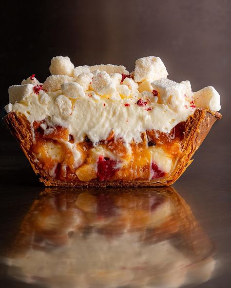 Layers of raspberry jam, sour cream chantilly, peach and nectarine compote, passionfruit gel and baked meringue sitting inside a croissant tart shell Nectarine Compote, Meringue Tart, Baked Meringue, Tart Shells, Nectarine, Raspberry Jam, Passion Fruit, Meringue, Sour Cream