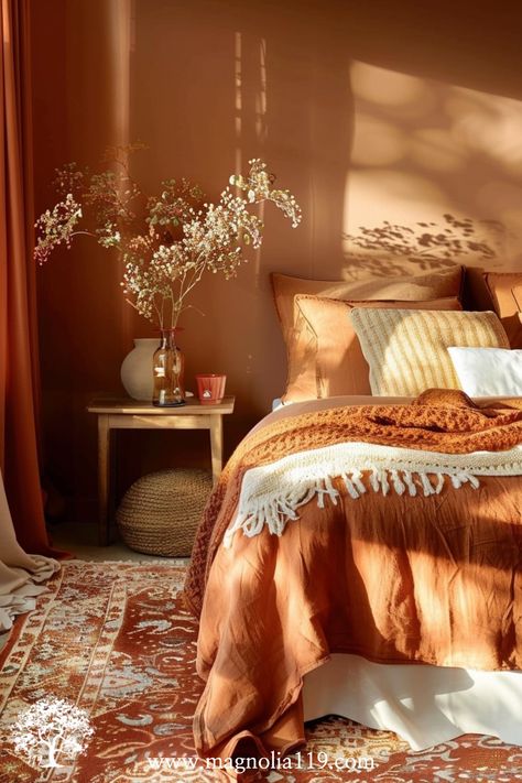 Dive into the world of cozy orange retreats with our top home decor ideas for bedrooms. Imagine a room adorned with burnt orange throw pillows, soft terracotta curtains, and a plush, rust-colored rug. Add in some warm wooden furniture and delicate gold accents to create the perfect sanctuary. Transform your space with these inspiring orange-themed decor ideas! Visit our website for 20 additional ideas! Click now! Rust Orange Decor, Bedroom Burnt Orange Accents, Modern Gold Bedroom, Orange Aesthetic Decor, Orange Themed Room, Rustic Orange Bedroom Ideas, Orange Bedspread Room Ideas, Rust Orange Bedroom, Terracotta Bedroom Decor