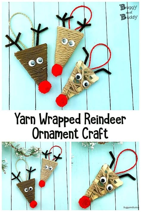 Yarn Wrapped Craft Stick Reindeer Ornament Craft for Kids- Use popsicle sticks and yarn to make cute homemade Rudolph the Red Nosed Reindeer ornaments with children. Directions for both older kids and younger children (preschool, kindergarten, first grade). #reindeercraft #buggyandbuddy #reindeercrafts #christmascraftsforkids #motorskills #rudolph #rudolphcrafts via @https://www.pinterest.com/cmarashian/boards/ Stick Reindeer, Reindeer Craft, Crafts For Teens To Make, Reindeer Ornament, Ornament Craft, Christmas Crafts For Kids To Make, Kids Christmas Ornaments, Reindeer Ornaments, Preschool Christmas