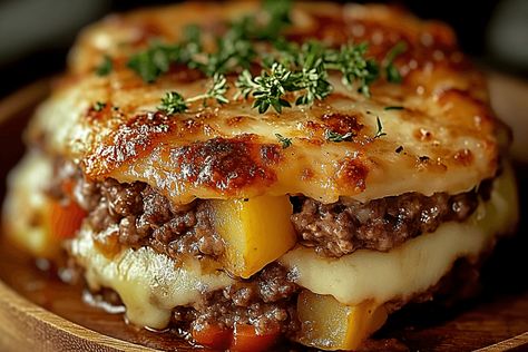 Easy Hamburger Potato Casserole: A simple and delicious meal made with ground beef, potatoes, cream of mushroom soup, and shredded cheese. Layer ingredients in a crock pot or baking dish for a hearty, comforting casserole that's perfect for any day of the week. Quick, easy, and loved by all. Meal With Ground Beef, Burger Casserole, Crescent Roll Taco Bake, Ground Beef Potatoes, Baked Tacos Recipe, Hamburger Potato Casserole, Potatoes And Cheese, Beef Potatoes, Pork Entrees