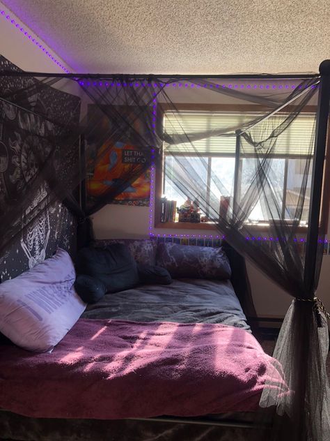 Goth Canopy Bed Ideas, Grunge Room Canopy Bed, Canopy Bed Y2k, Purple Canopy Bed, Black Bed Canopy, Purple Canopy, Chill Room, Room Redesign, Redecorate Bedroom