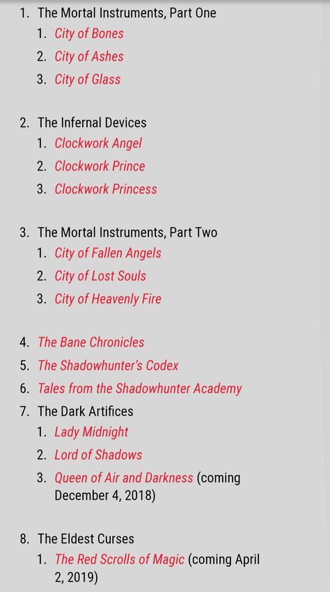 The correct order to read Cassandra Clare's books. How To Read Cassandra Clare Books, Cassandra Clare Reading Order, Cassandra Clare Books Order, Shadowhunters Reading Order, Shadowhunters Books In Order, City Of Bones Book, Shadowhunters Books, Shadow Hunters Book, Bone Book Series