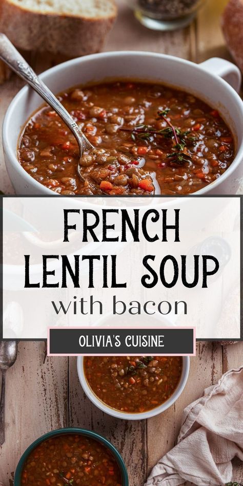 Green Lentil Soup Recipe Easy, Lentil Bacon Soup, French Lentil Recipes, Green Lentil Soup Recipe, Lentil Soup With Ham, Lentil And Bacon Soup, Green Lentil Recipes, Ham And Lentil Soup, French Lentil Soup