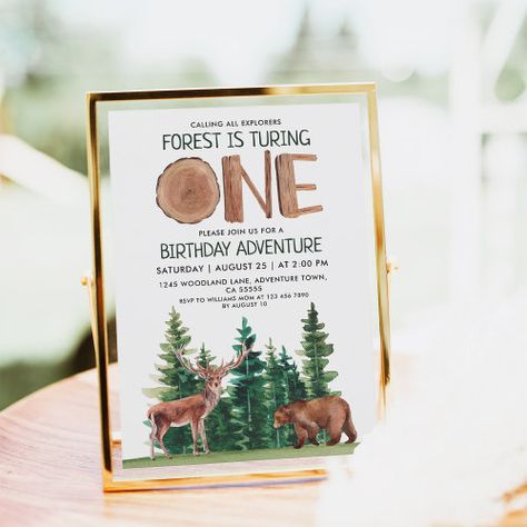 $2.95 | One Explorer 1st Birthday #one happy camper, boy birthday invitations, boy 1st birthday invitations, camping birthday invitations, deer, bear, adventure, forest, trees, outdoors Camping Birthday Invitations, Adventure Forest, One Happy Camper, Magical Birthday, Woodland Bear, 2nd Birthday Invitations, Party Aesthetic, 1st Birthday Invitation, Simple Birthday