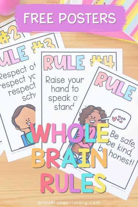 Teach kids classroom rules and build classroom management with the FREE Whole Brain rule posters for kindergarten, first grade, and second grade classrooms. This post includes tips on implementing whole brain learning. Elementary Classroom Rules, Whole Brain Teaching Rules, Posters For Kindergarten, Kindergarten Classroom Rules, Classroom Promise, Kindergarten Rules, Teaching Classroom Rules, Classroom Expectations Poster, Preschool Rules