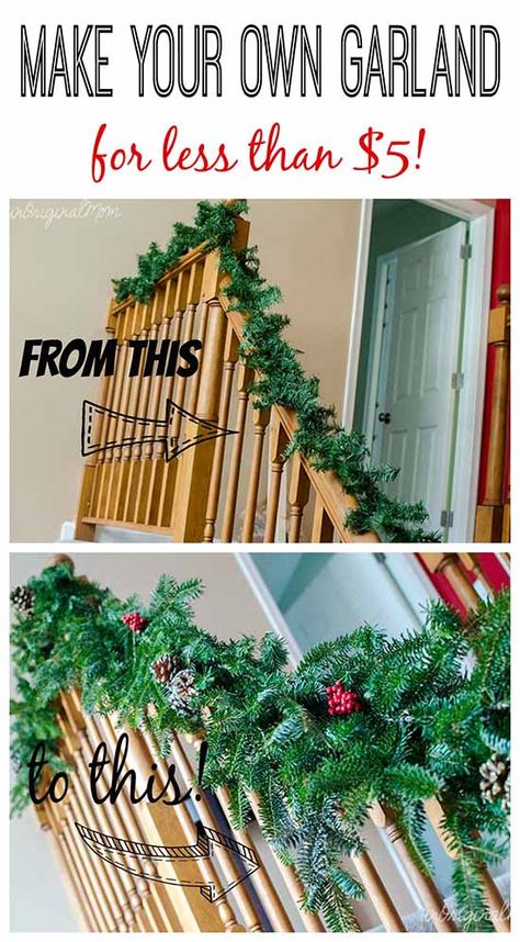 Make your own garland using cheap $2 garland strands from Walmart as a base and free clippings from the tree farm! | unoriginalmom.com | #christmas #garland #diy Make Your Own Garland, Dollar Store Christmas Decor, Diy Girlande, Christmas Staircase, Diy Christmas Garland, Christmas Garlands, Dollar Store Christmas, Dollar Tree Christmas, Cheap Christmas