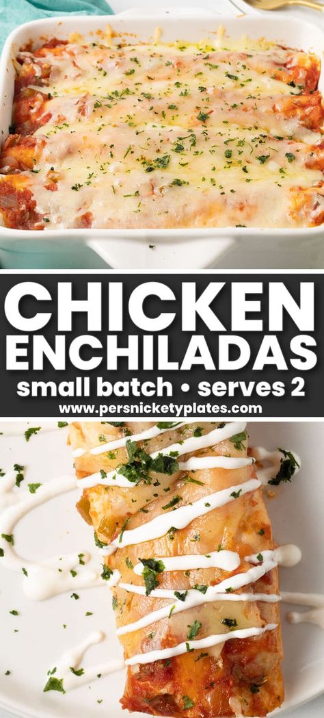 This recipe for chicken enchiladas with flour tortillas makes 4 enchiladas, filled with seasoned chicken in a creamy cheesy filling, rolled and topped with salsa and cheese then baked until golden and crispy on the outside. A delicious dinner for 2-4 people made easy! Chicken Enchiladas For Two, Enchiladas With Flour Tortillas, Enchiladas For Two, Recipe For Chicken Enchiladas, Chicken Enchilada Bake, Recipes With Flour Tortillas, Chicken Enchiladas Easy, Seasoned Chicken, Recipe For Chicken