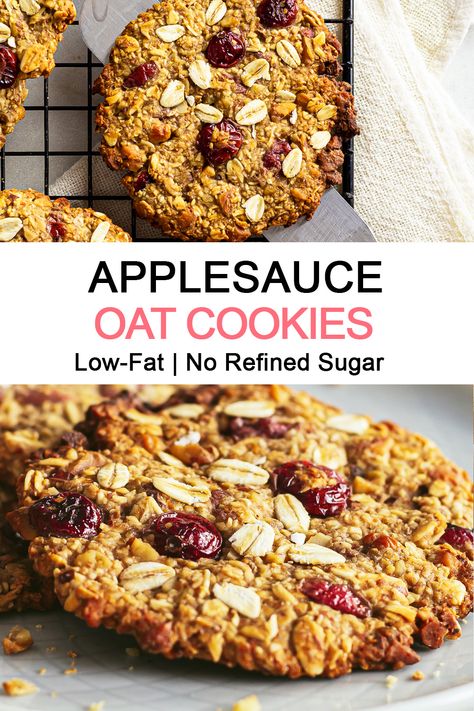 oatmeal cookies with cranberries and nuts Apple Puree Recipe Desserts, Apple Puree Recipe, Oatmeal Cookies With Applesauce, Applesauce Oatmeal Cookies, Applesauce Cookies Recipes, Vegan Oat Cookies, Vegan Applesauce, Fibre Recipes, Applesauce Oatmeal