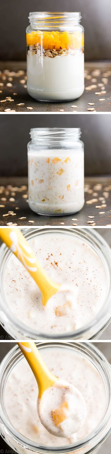 Peach Pie Protein Overnight Oats | Amy's Healthy Baking Overnight Oats High Protein, Healthy Overnight Oatmeal, Overnight Oatmeal Healthy, Protein Overnight Oats, Brownie Recipes Healthy, Healthy Oatmeal Recipes, Dessert For Breakfast, Healthy Brownies, Healthy Muffin Recipes