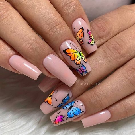 Butterfly Pattern Nails, Butterfly Manicure, Pattern Nails, Nails For Fall, Disney Acrylic Nails, Pattern Butterfly, Nude Nail Designs, Nail Art Techniques, Butterfly Nail Art