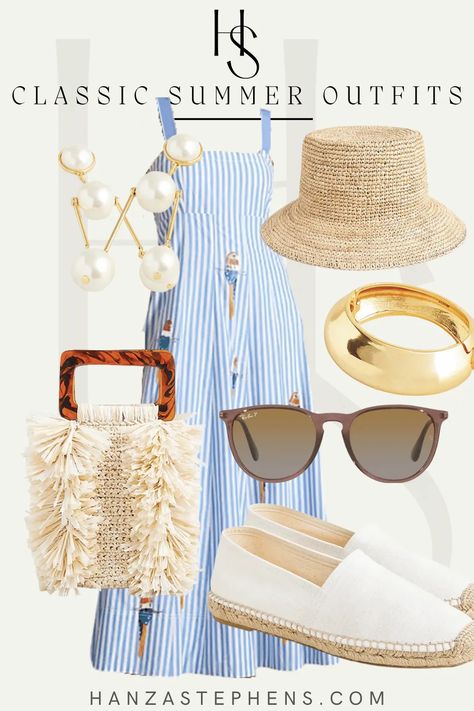 a blue striped dress with all of the fun summer accessories Blue Striped Dress Outfit Summer, Grand Millennial Fashion, Outfits For The Heat, Blue And White Striped Dress Outfit, Blue Spring Outfits, Blue Summer Dress Outfit, White Striped Dress Outfit, Classic Summer Outfits, Blue White Striped Dress