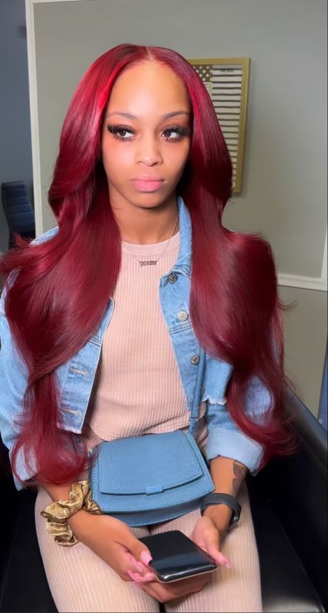 Red Middle Part Quick Weave, Red Middle Part Sew In Weave, Red Leave Out Sew In, Red Sew In Weave With Leave Out, Red Hair Sew In, Blonde Hair Sew In, Red Sew In, Hairstyles Wig, Red Weave Hairstyles