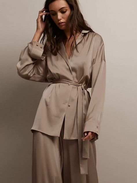 Female Pajamas Set Spring Summer Rayon Long Sleeve Trouser Pijamas Suit Sexy Loose Casual Sleepwear Home Clothes Loungewear Sleepwear Women Pajamas, Wide Leg Pants Outfit, Cozy Pants, Leg Pants Outfit, Pajama Suit, Silk Trousers, Satin Pyjama Set, Womens Pyjama Sets, Satin Pajamas