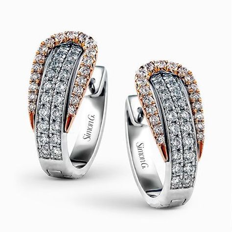 The modern design of these white and rose gold earrings is accentuated by .84 ctw of glistening round cut white diamonds. Rings Jewelry Fashion, Gold Diamond Earrings, Exclusive Jewelry, Diamond Hoop Earrings, Rose Gold Jewelry, Rose Gold Earrings, White Diamonds, Modern Fashion, Jewelry Designs