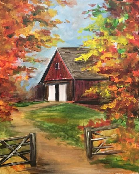 Autumn Acrylic Painting, Vertrouw Op God, Fall Canvas Painting, Farm Paintings, Acrylic Painting Ideas, Fall Canvas, Barn Painting, Barn Art, Easy Canvas Painting