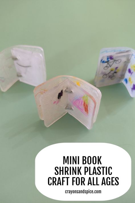 Picture of three mini books made from shrink plastic Shrink Film Ideas, Shrink Plastic Ideas, Make A Mini Book, Shrinky Dink Art, Craft For All Ages, Shrinky Dink Crafts, Shrink Film, Shrinky Dink, Plastic Crafts