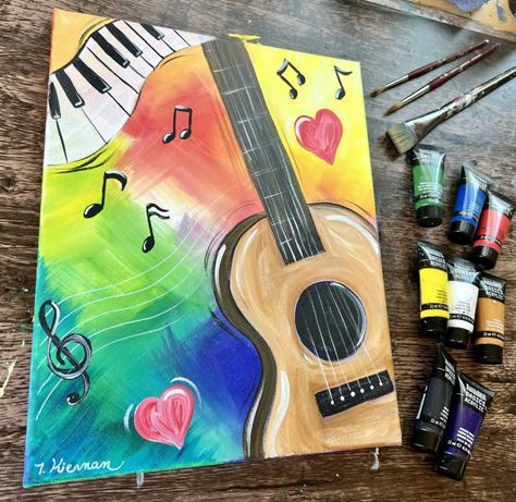 Colorful Music - Step By Step Painting Tutorial Music Related Drawings, Painting A Guitar, Music Painting Ideas, Guitar Art Painting, Music Art Painting, Painting Composition, Theme Painting, Fall Canvas Painting, Art Kits For Kids