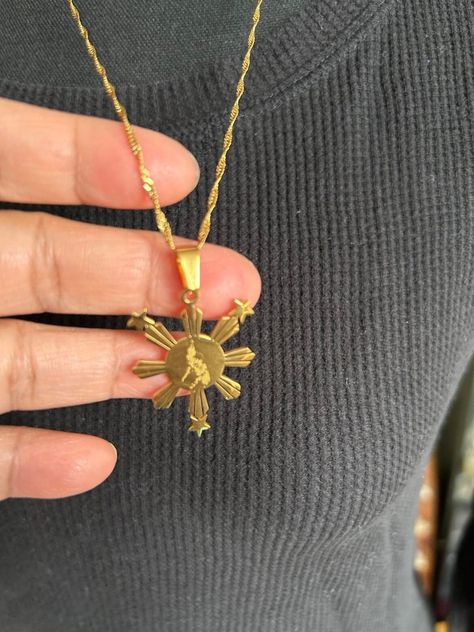 Philippine Sun & Star Map Gold Plated Necklace | Filipino necklace Filipino Gold Jewelry, Filipino Necklace, Philippine Jewelry, Philippines Jewelry, Filipino Jewelry, Philippine Sun, Philippine Map, Birthday Jewelry, Gold Sun