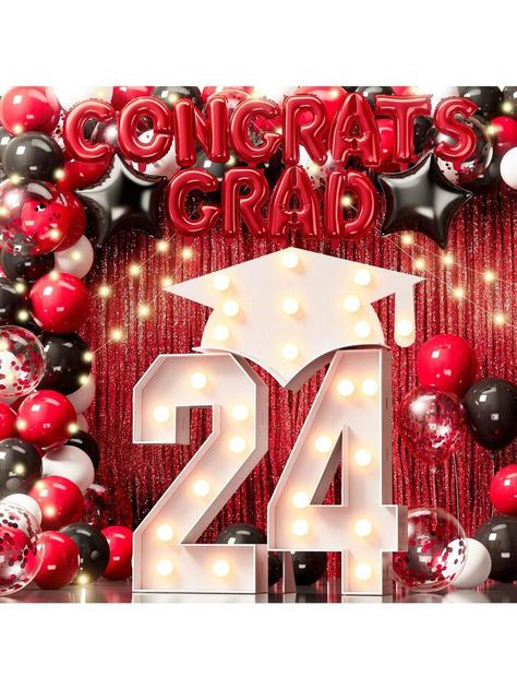 Graduation Decorations 2024, 90 PCS Red And Black Graduation Party Supplies With 3FT Marquee Light Up Number 24 & Grad Cap Mosaic Letter Sign, Foil Curtains, Led String Lights, Balloons Garland Kit | SHEIN USA Red Black And White Graduation Decorations, Red Black And Gold Graduation Party, Black And Red Graduation Party, Red And Gold Graduation Party Ideas, Black And Red Graduation Party Ideas, Red And Black Graduation Party Ideas, Graduation Party Colors, Red Classroom, Grad Decor