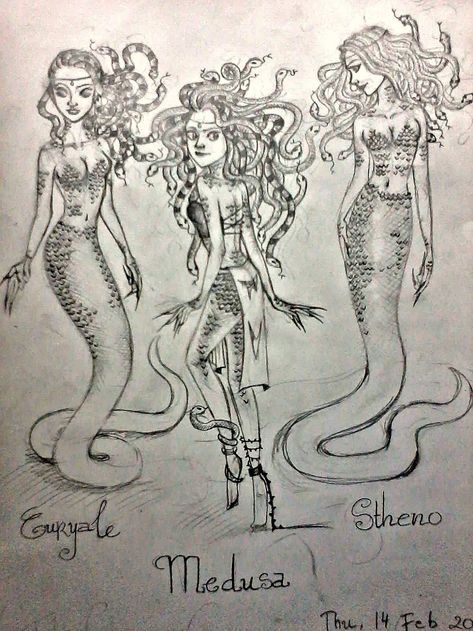 The Gorgons were three monsters in Greek mythology, daughters of Echidna and Typhon, the mother and father of all monsters respectively. Their names were Stheno, Euryale, and the most famous of them, Medusa. Although Stheno and Eurydale were immortal, Medusa was not. Medusa was also not considered the child of Echidna and Typhon, but of Phorkys and Keto. Stheno Gorgon Tattoo, Echidna Mythology, Gorgon Sisters, Greek Creatures, Greek Drawing, Medusa Drawing, Medusa Art, Greek Mythology Tattoos, Arte Grunge