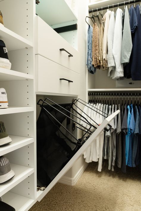 Kid's closet with built in laundry hamper Narrow Closet, Closet Under Stairs, Small Walk In Closet, Closet Built Ins, Reach In Closet, Closet Renovation, Laundry Closet, Men Closet, Kid Closet