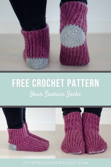 With Your Sunrise Socks crochet pattern, you’ll master the classic look of this women’s sock, and your feet will never be cold again (except maybe on laundry day). These are my new go-to weekend accessory for lounging around at home. The ribbed texture prevents slipping on hard floors, while the contrasting heel color gives them a traditional vibe. This easy crochet pattern is worked sideways, and can be made for women’s shoe sizes 4.5 through 10. How To Crochet Socks, Crochet Sock Pattern, Crochet Sock, Easy Crochet Slippers, Crochet Socks Pattern, Foundation Single Crochet, Easy Crochet Stitches, Crochet Socks, Single Crochet Stitch