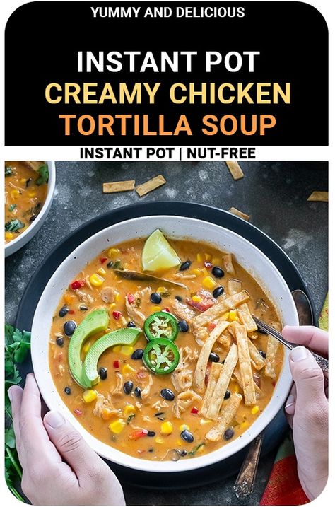 Nothing is more comforting than a bowl of soup on a cold night. This hearty Instant Pot Creamy Chicken tortilla soup features chicken, beans, red bell peppers, all in a rich & creamy broth. #instantpotsoup #instantpotrecipes #chickentortillasoup #instantpottortillasoup Chicken Tortilla Soup Instant Pot, Chicken Beans, Creamy Chicken Tortilla Soup, Red Bell Peppers, Instant Pot Soup, Chicken Tortilla Soup, Chicken Tortilla, Instant Pot Dinner Recipes, Tortilla Soup