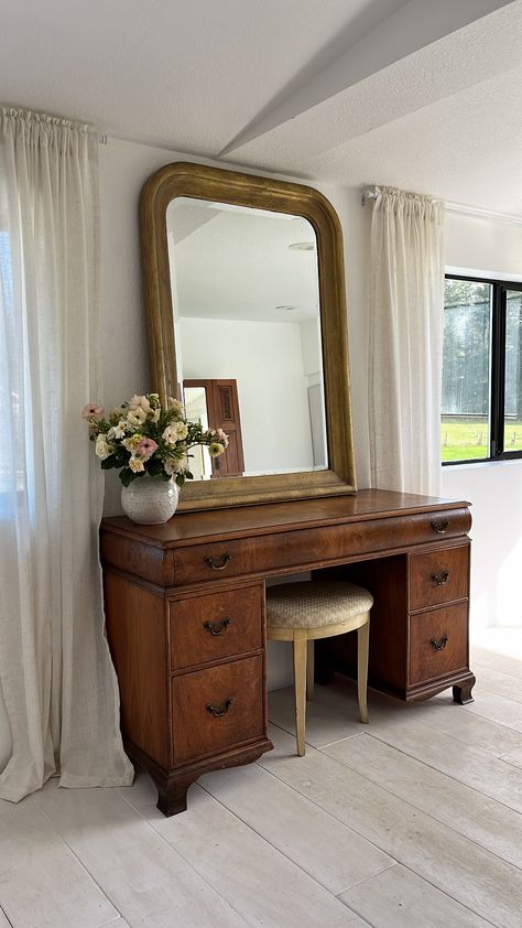 Desk Turned Into Vanity, Old Money Vanity, Antique Makeup Vanities, Light Wood Desk, Makeup Vanity In Bathroom, Vintage Makeup Vanities, Before And After Makeup, Wall White, Brown Wall