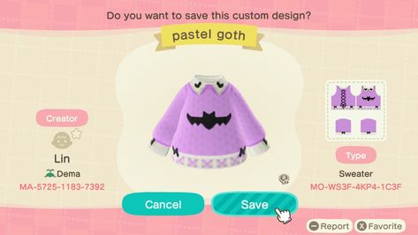 Animal Crossing Purple Clothes, Animal Crossing Pastel Goth, Acnh Pastel Goth, Animal Crossing Clothing Designs, Pastel Goth Diy, Acnh Kawaii, Acnh Spooky, Bat Sweater, Goth Diy