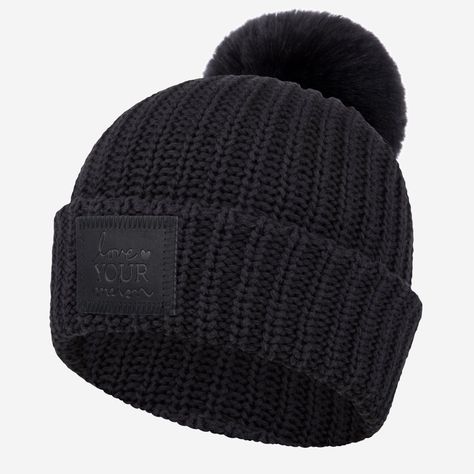 This cuffed pom beanie is knit in a black yarn color and features a black leather patch debossed with the Love Your Melon stacked logo, and a detachable black faux fur pom. One size fits all. Machine washable. Love Your Melon Beanie, Love Your Melon, Black Faux Fur, Pom Beanie, Fur Pom Pom, Leather Patches, Yarn Colors, Pom Pom, Accessories Hats