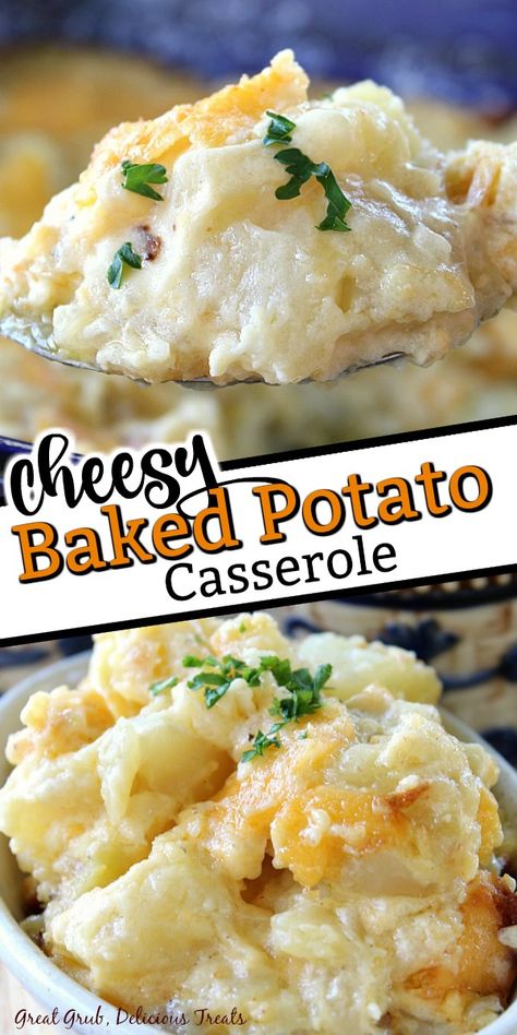 Cheesy Baked Potato Casserole is a delicious and cheesy potato casserole recipe and makes a delicious side dish to any meal. #potatocasserole #sidedish #cheesypotatoes #dinnerrecipe #greatgrubdelicioustreats Sour Cream Potatoes Bake, Cream Cheese Potatoes Bake, Sour Cream Potato Bake, Cheesy Baked Potato Casserole, Sour Cream Potato Casserole, Potato Casserole With Sour Cream, Cheesy Potato Casserole, Baked Potato Casserole, Potato Recipes Side Dishes