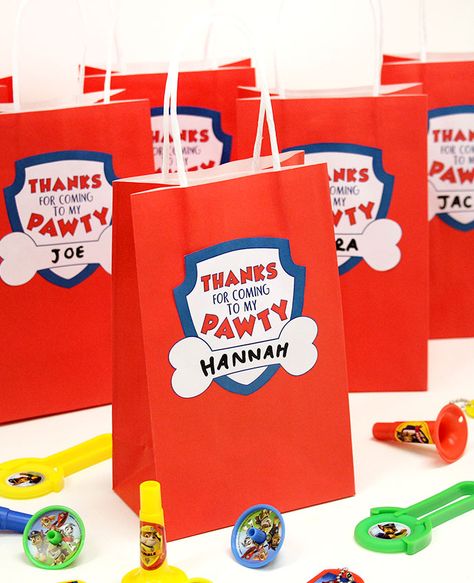 Make your own Paw Patrol party bags with plain red paper bags and our free printable labels. Download them for free at partydelights.co.uk. Paw Patrol Goodie Bag Tags, Paw Patrol Party Bags Ideas, Paw Patrol Party Bags, Paw Patrol Party Games, Paw Patrol Party Favors, Paw Patrol Party Decorations, Paw Patrol Decorations, Paw Party, 3 Birthday