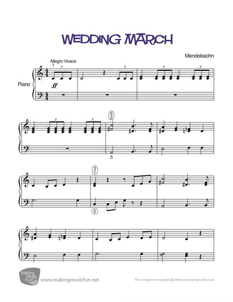 Wedding March (Mendelssohn) | Easy Piano Sheet Music (Digital Print) Wedding March Violin Sheet Music, Wedding March Songs, Piano Wedding, Felix Mendelssohn, Free Printable Sheet Music, Easy Sheet Music, Wedding March, Piano Score, Song Sheet