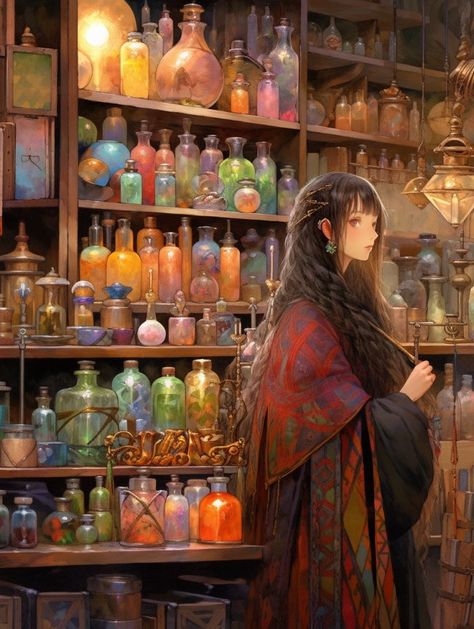 Steampunk Illustration Character Concept, Potion Maker Character Design, Herbalist Witch, Magical Art, Fantasy Setting, Witch Art, Witch Aesthetic, 판타지 아트, Dreamy Art