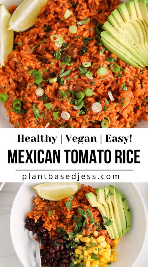 View on a bowl of vegan Mexican rice. Mexico Vegan Recipes, Vegan Mexican Rice Recipe, Vegan Mexican Side Dishes, Mexican Plant Based Recipes, Plant Based Mexican Recipes, Plant Based Mexican, Vegan Mexican Rice, Mexican Rice Dishes, Vegan Mexican Food