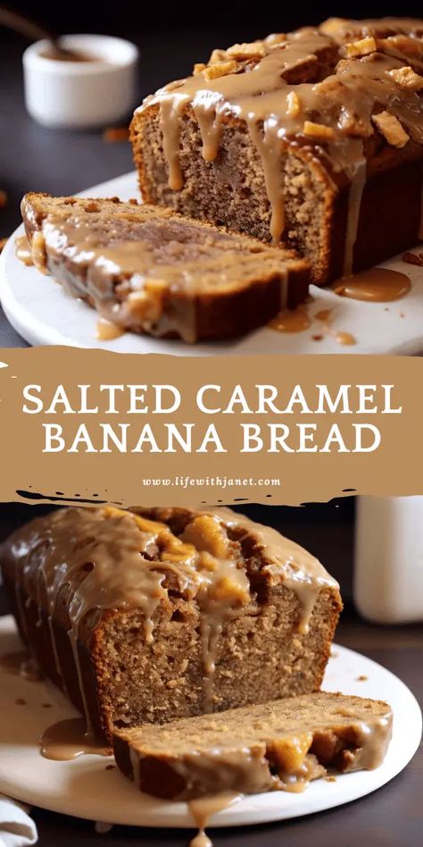 When I gave this bread to my neighbor, she immediately asked for the recipe. Here it is Banana Savory Recipes, 2 Banana Bread, Salted Caramel Banana Bread, Caramel Banana Bread, Cooking Tips And Tricks, Awesome Desserts, Bread Puddings, Iron Recipes, Moist Banana Bread