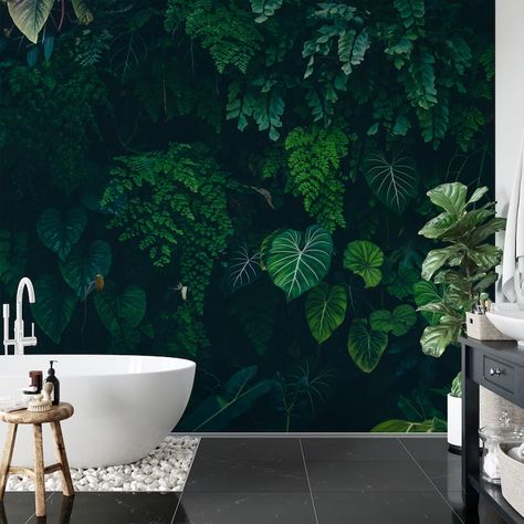 Tropical Nature With Monstera Leaves in a Dark Jungle - Etsy Australia Dark Green Wallpaper Bathroom, Dark Jungle Wallpaper, Dark Green Bathroom Ideas, Green Bathrooms, Jungle Background, Dark Jungle, Green Leaf Wallpaper, Tropical Nature, Banana Leaf Wallpaper