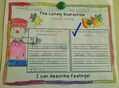 First Grade Fabulous Fish - The Lonely Scarecrow - Characters Feelings {Freebie} Scarecrow Writing, Fall Pumpkin Activities, First Grade Themes, Thanksgiving Kindergarten, 1st Grade Activities, School Lesson Plans, 1st Grade Writing, First Grade Writing, Fall Kindergarten