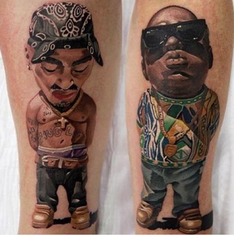 The west coast and east coast are both well represented in this cartoonish tattoo by Denis Torikashvili. Notorious Big Tattoo, 2pac Tattoos, Tupac Tattoo, Urban Tattoos, Box Tattoo, Tattoo Website, Indian Tattoos, New School Tattoos, Portrait Tattoos