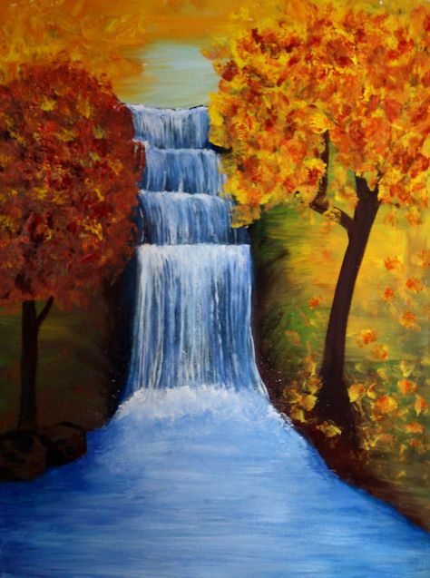 Cool And Warm Colours Paintings, Autumn Waterfalls, Wall Art Orange, Painting Flowers Tutorial, Waterfall Paintings, Simple Prom Hair, Flowers Tutorial, Fall Art, Autumn Painting