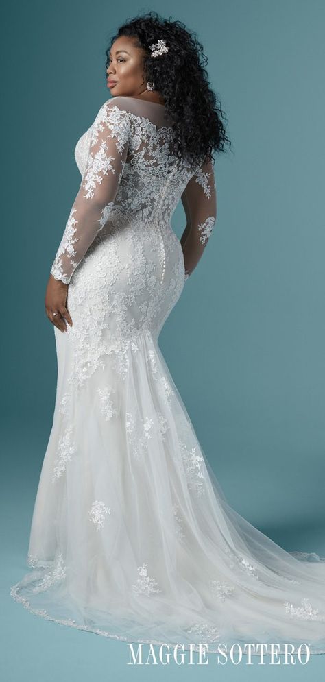 Plus Size Wedding Dress by Maggie Sottero - Chevelle Lynette | Lace mermaid bridal gown with illusion off the shoulder neckline and long sleeves | 2020 Plus Size Wedding Dress Styles for the Curvy Bride #weddingdress #weddingdresses #bridalgown #bridal #bridalgowns #weddinggown #bridetobe #weddings #bride #dreamdress #bridalcollection #bridaldress #dress See more gorgeous bridal gowns by clicking on the photo Champagne Gown, Lace Motifs, Maggie Sottero Wedding Dresses, Sheath Wedding, Curvy Bride, Wedding Dresses Photos, Lace Bridal Gown, Maggie Sottero, Wedding Dress Sizes