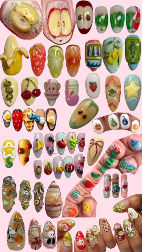 nail idea Colored Pencil Nail Art, Arty Nails Art Designs, Twee Aesthetic Nails, Cottage Nails Aesthetic, Nail Graphic Design, Eclectic Nail Art, Juminocore Nails, Weird Girl Nails, Pikmin Nails