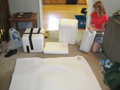 Soft, Sturdy, and Sweet: How to Turn a Foam Cooler into an Ottoman - Loving Here How To Cover Foam With Fabric, Styrofoam Coolers Upcycle, Old Foam Mattress Repurpose, Repurpose Styrofoam Cooler, Covering Styrofoam With Fabric, Diy Pouf, Floor Pouf, Mattress Pad, Living Room Flooring