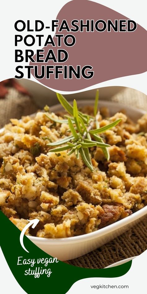 This hearty, casserole-type bread and potato stuffing need not be stuffed into anything; simply enjoy it as a side dish. #side dish #vegan #vegetarian #stuffing #potatoes Potato Bread Stuffing, Potato Stuffing, Vegetarian Stuffing, Bread Stuffing, Vegetarian Bake, Vegan Holiday, Potato Bread, Vegan Holidays, Whole Grain Bread